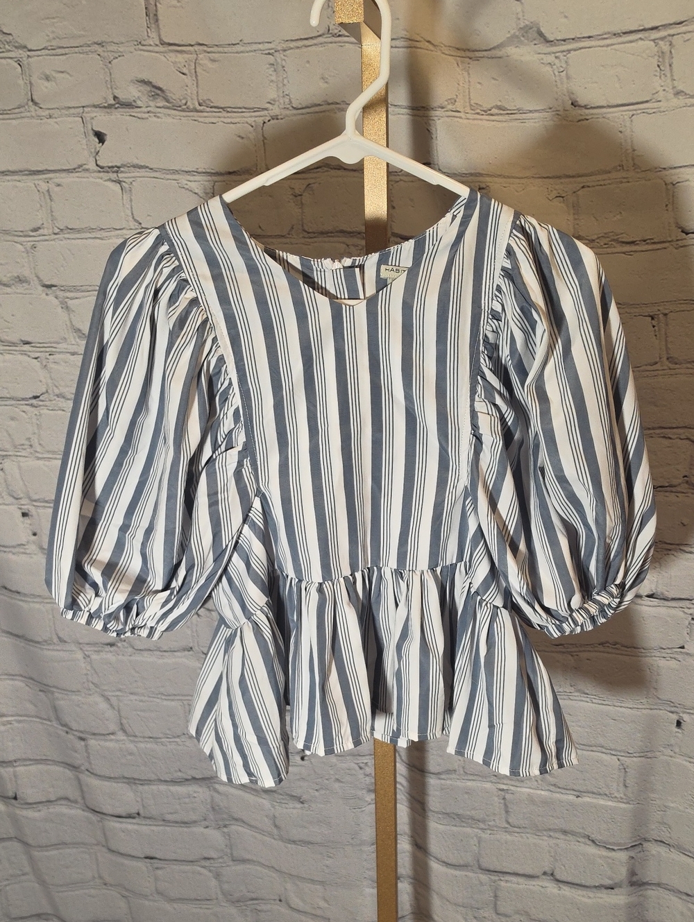 Like NEW! Habitual Blue and White Striped Puff-Sleeve Peplum Top